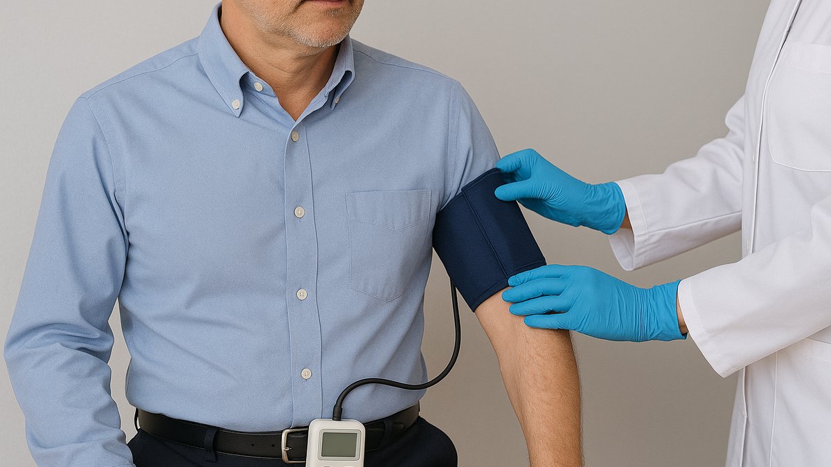 Patient wearing an ambulatory blood pressure monitoring device